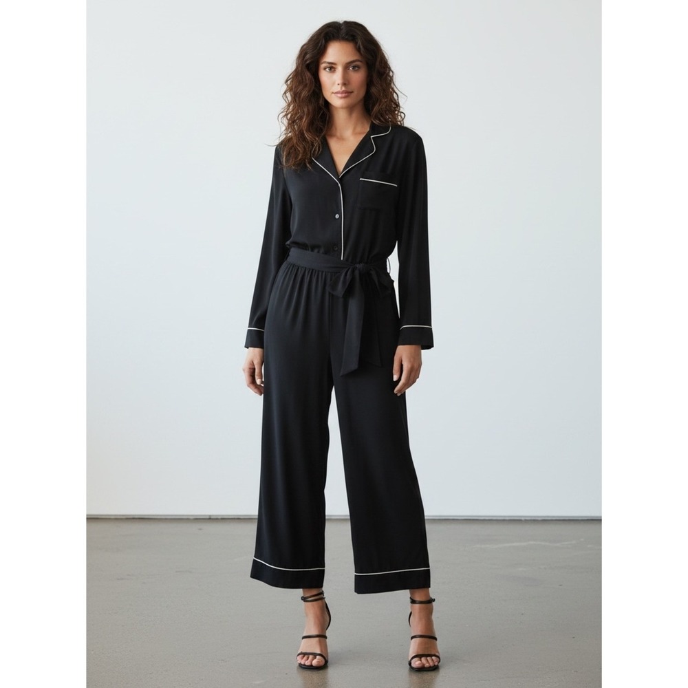 1061 Elegant Black with White Piping Wide Leg Jumpsuit